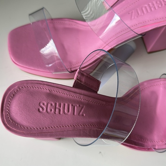Schutz Ariella Pink Rosa PVC Block Heel Y2K Sandal Open Toe Clear Straps New - Picture 14 of 17
